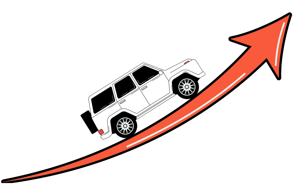 Illustration eines Geländewagens, der auf einem dynamischen orangenen Pfeil nach oben fährt – Symbol für Wachstum, Sichtbarkeit und Aufstieg.