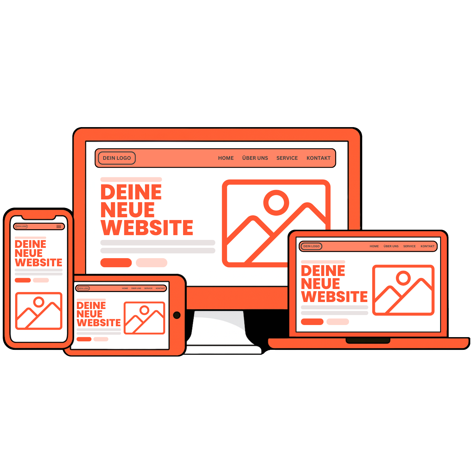 Illustration verschiedener Geräte – Smartphone, Tablet, Laptop und Desktop – die eine moderne, responsive Website mit dem Titel „Deine neue Website“ in orange-weißem Design anzeigen.