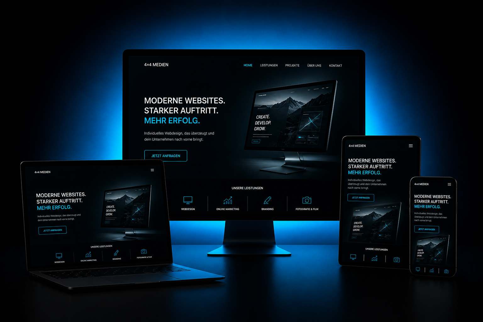 Illustration verschiedener Geräte – Smartphone, Tablet, Laptop und Desktop – die eine moderne, responsive Website mit dem Titel „Deine neue Website“ in orange-weißem Design anzeigen.