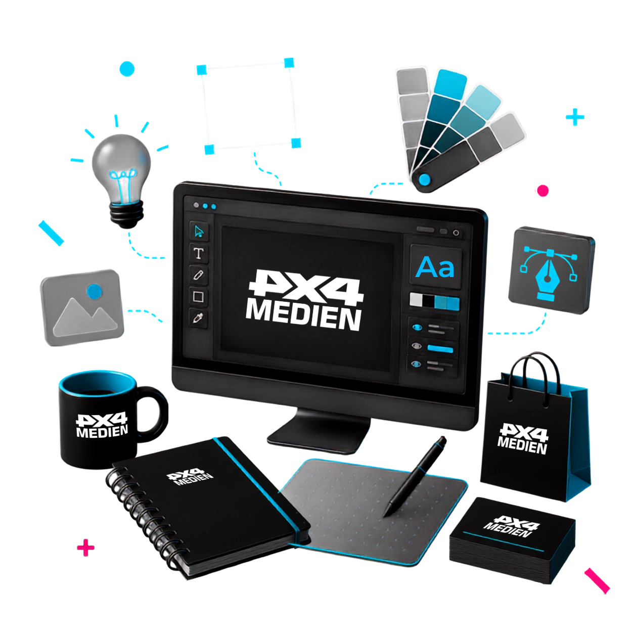 3D-Illustration eines modernen Branding- und Grafikdesign-Arbeitsplatzes mit Logoentwicklung, Corporate Design und kreativen Designwerkzeugen.