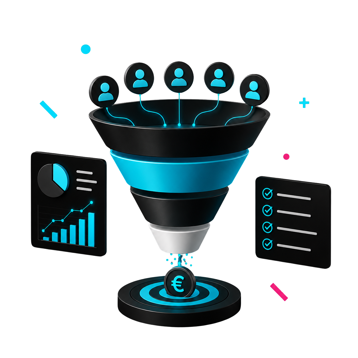 3D-Illustration eines Marketing-Funnels mit Datenanalyse, Lead-Generierung und Conversion-Optimierung für die digitale Kundengewinnung.