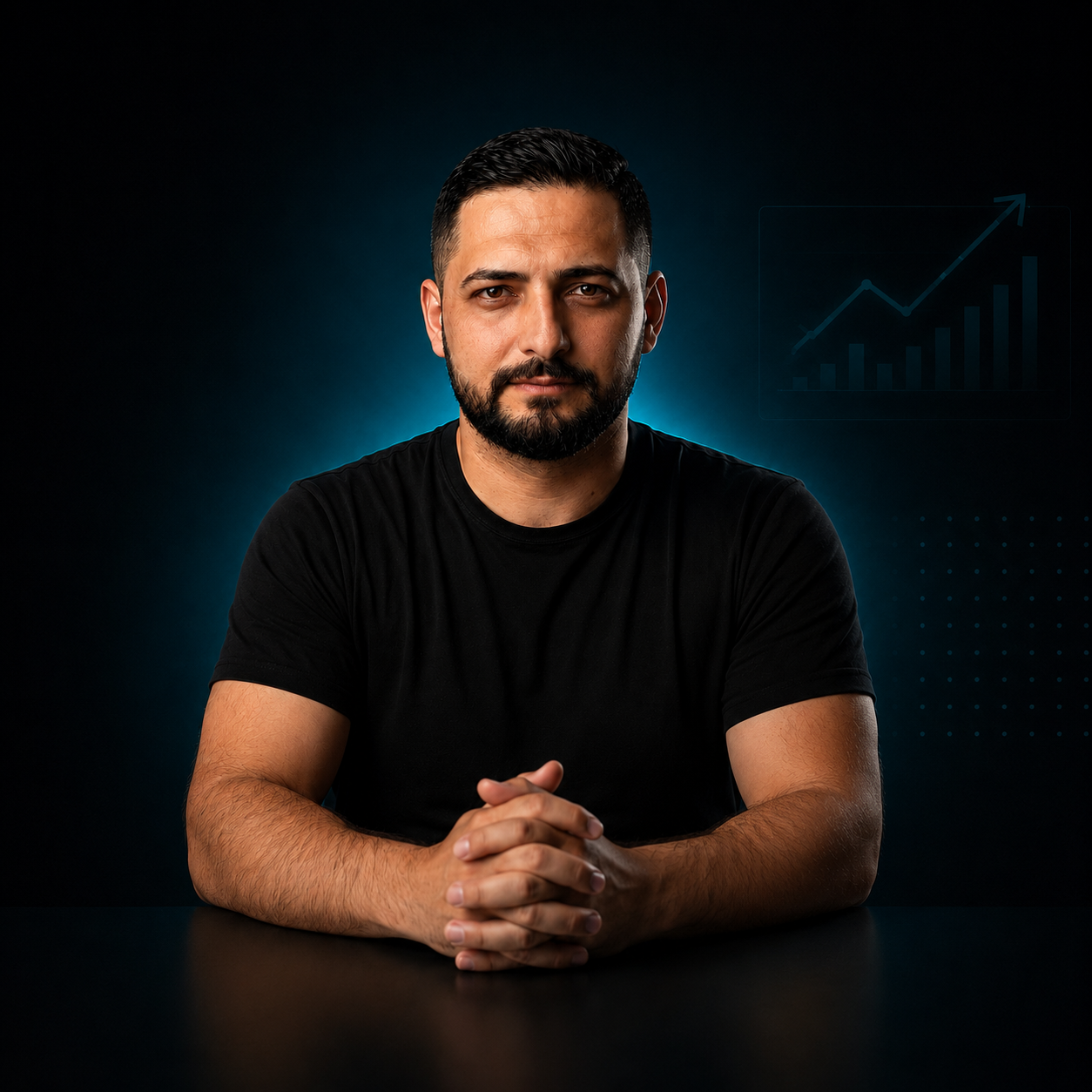 Ekrem Özcan, Marketing Experte und Gründer von 4x4 Medien, sitzt an einem Schreibtisch vor dunklem Hintergrund.