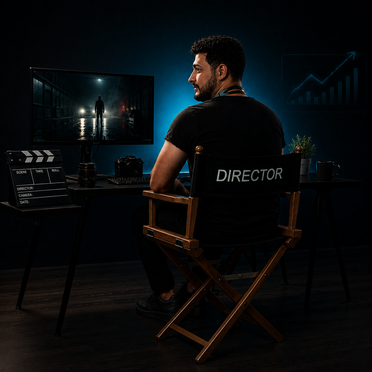 Ekrem Özcan sitzt auf einem Director-Stuhl in einem modernen Filmstudio und betrachtet eine Filmszene auf dem Produktionsmonitor.