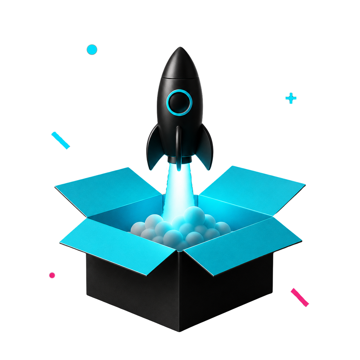 3D-Illustration einer Rakete, die aus einer Box startet – Symbol für den erfolgreichen Launch einer professionellen Unternehmenswebsite.